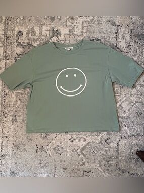 Happy Face Sage Green Crewneck Slight Crop Tee 100% cotton